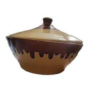 Watt Orchard Ware Bowl w/Lid - Yellow & Brown Drip - 7" tall - 9" diameter